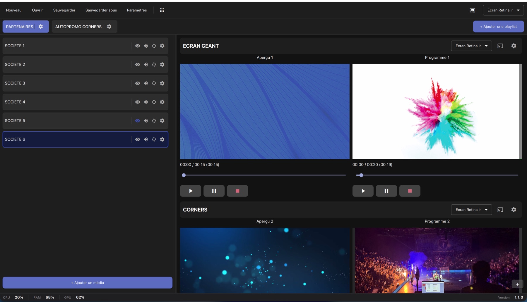 Interface Dispy pour la gestion d'écrans géants, murs vidéo et sorties multi-écrans
