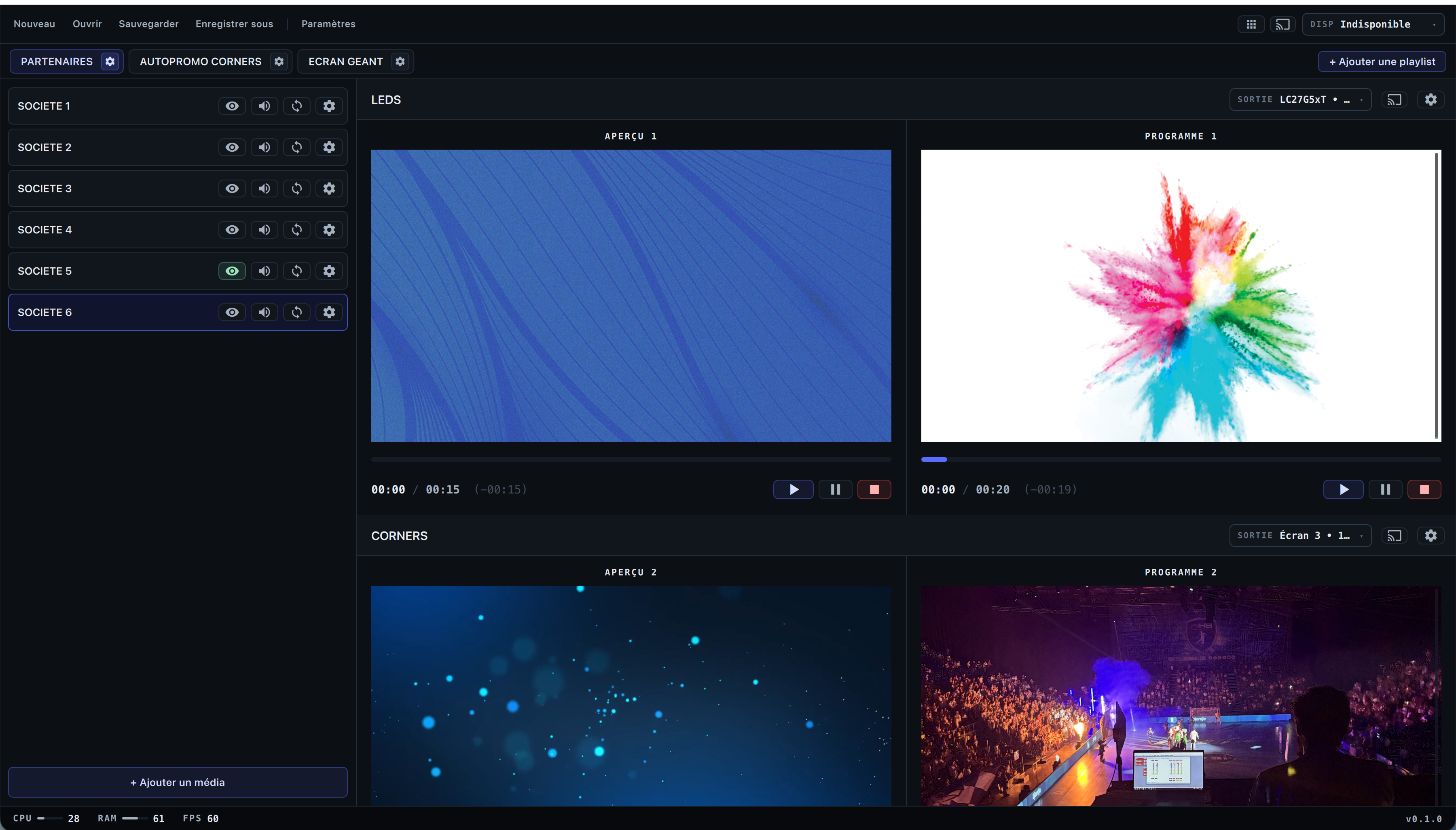 Interface Dispy pour la gestion d'écrans géants, murs vidéo et sorties multi-écrans